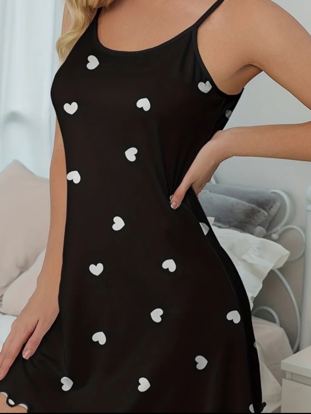 Black Heart-Print Satin Slip Dress - Women Intimates & Sleepwear NEW - Picture 7 of 7